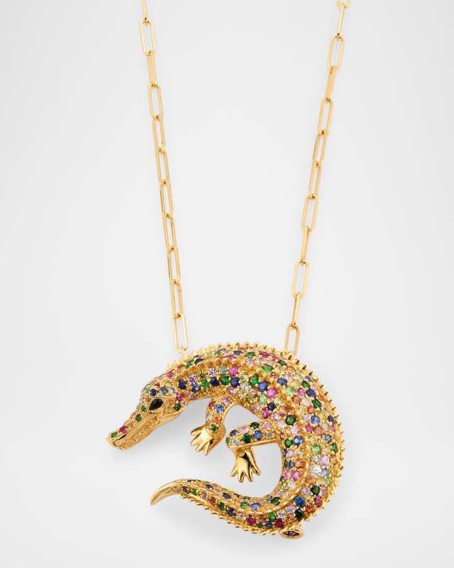 Ark 18K Yellow Gold Multi Sapphire and Onyx Crocodile Necklace with Convertible Brooch Pendant